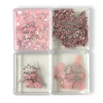 4 Részes Rózsaszín Körömdíszítő Szett - Qqs-2504190 Pink - Glitter, Fólia, Kagylóhéj Darabok, Szárított Virágok