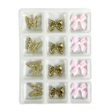 Körömdíszítő - 3D Körömdísz Készlet – G20270 Arany Pillangók és Arany/Rózsaszín Masnik