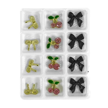 Körömdíszítő - 3D Körömdísz Készlet – G20271 Arany Masnik, Rózsaszín Cseresznyék és Fekete Masnik