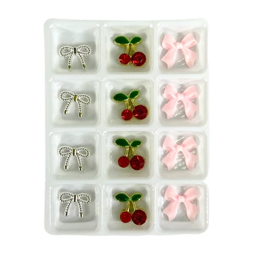 Körömdíszítő - 3D Körömdísz Készlet – G20271 Ezüst Masnik, Piros Cseresznyék és Rózsaszín Masnik