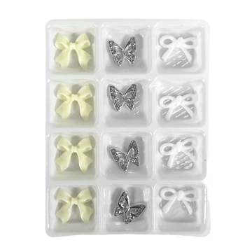 Körömdíszítő - 3D Körömdísz Készlet – G20273 Krém Masnik, Ezüst Pillangók és Fehér Masnik