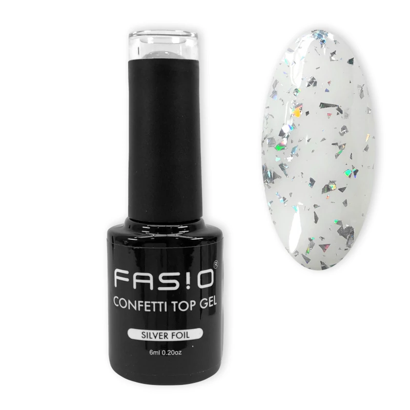 FASIO TOP GEL - CONFETTI TIO GEL - SILVER FOIL - FÉNYZSELÉ -FIXÁLÁS MENTES